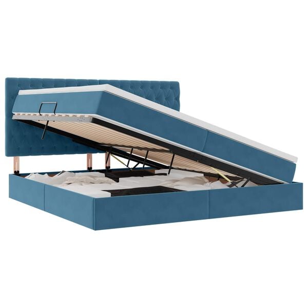 vidaXL Seng med opbevaring og LED med LED M&oslash;rk bl&aring; 200 x 200 cm Fl&oslash;jl