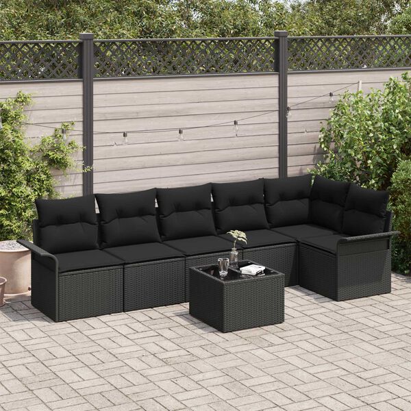 vidaXL Havesofa Sæt med pude med opbevaring 7 pcs Sort Poly rattan