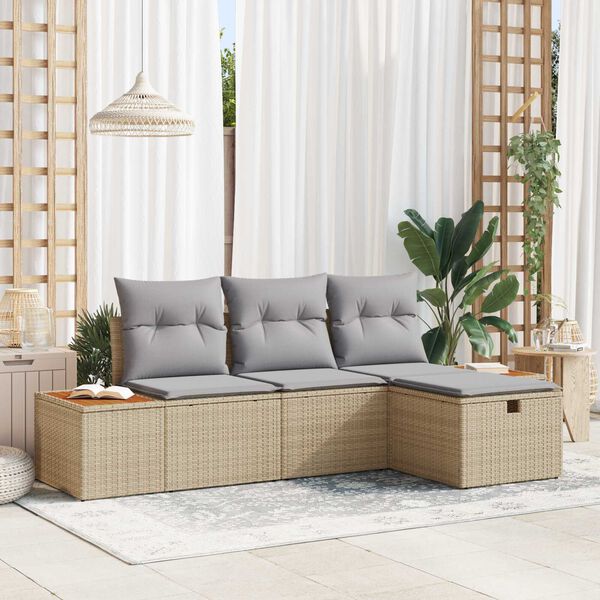 vidaXL Havesofa S&aelig;t med pude med opbevaring 4 pcs Beige polyrattan