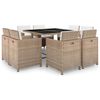 vidaXL udend&oslash;rs spisebordss&aelig;t 9 dele med hynder polyrattan beige