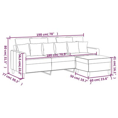 vidaXL 3-personers sofa med fodskammel 180 cm velour lysegrå