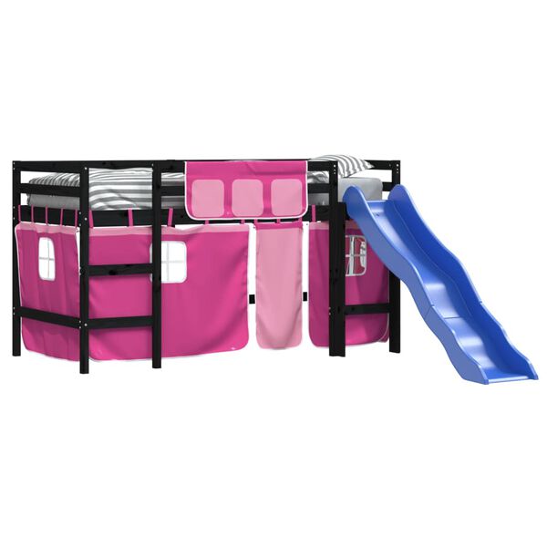 vidaXL h&oslash;jseng med gardiner 90x190 cm massivt fyrretr&aelig; pink