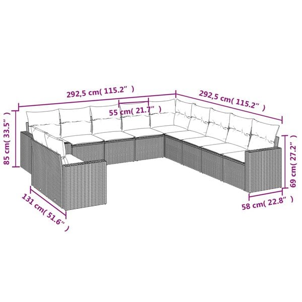 vidaXL sofasæt til haven 11 dele med hynder polyrattan sort