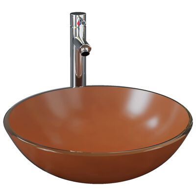 vidaXL håndvask til badeværelse m. hane og bundventil hærdet glas brun