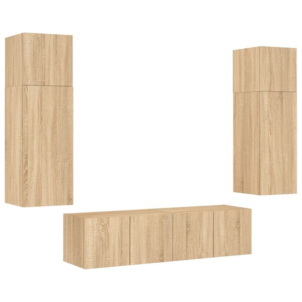 vidaXL tv-m&oslash;bel til v&aelig;g 6 dele med LED-lys konstrueret tr&aelig; sonoma-eg