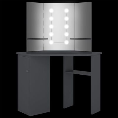vidaXL toiletbord til hjørne med LED-lys 111x54x141,5 cm grå