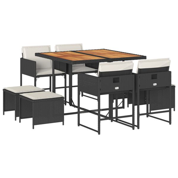 vidaXL spisebordss&aelig;t til haven 9 dele med hynder polyrattan sort