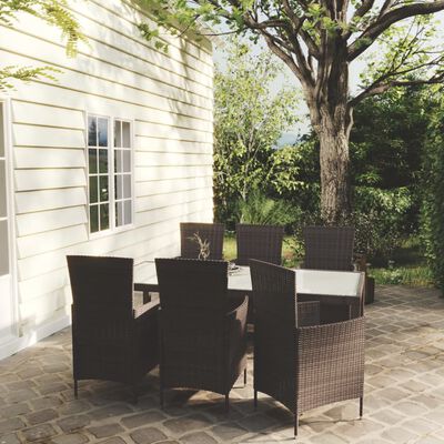 vidaXL udendørs spisebordssæt 7 dele med hynder polyrattan brun