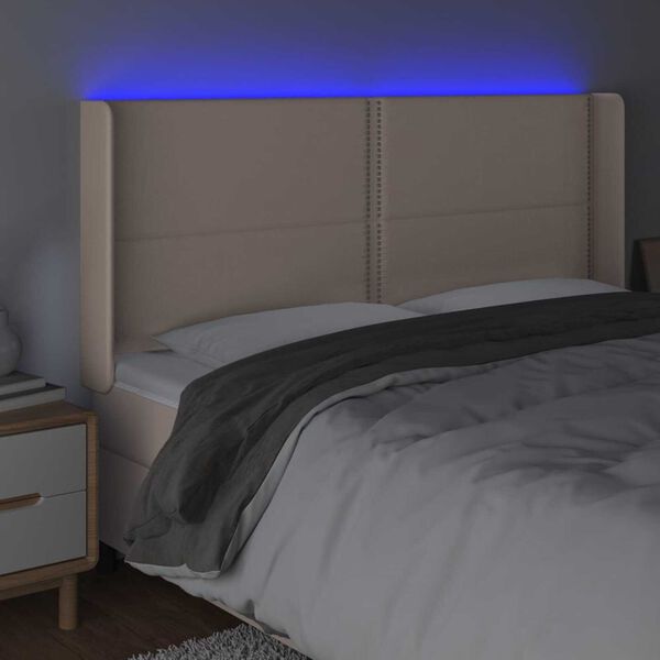 vidaXL sengegavl med LED-lys 163x16x118/128 cm kunstl&aelig;der cappuccino