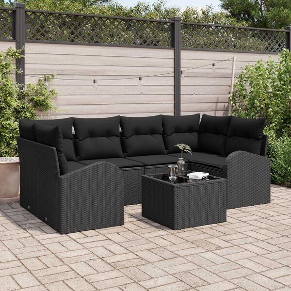 vidaXL Havesofa S&aelig;t med pude 7 pcs Sort Polyrattan og st&aring;l og glas