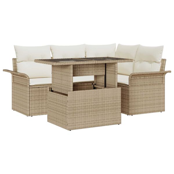 vidaXL Havesofa S&aelig;t med pude med opbevaring 5 pcs Beige Poly Rattan