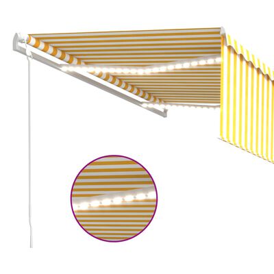 vidaXL markise m. gardin+LED+vindsensor 4,5x3 m automatisk gul og hvid