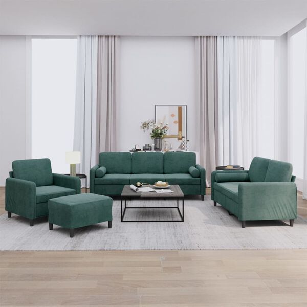 vidaXL sofas&aelig;t 4 dele med puder velour m&oslash;rkegr&oslash;n