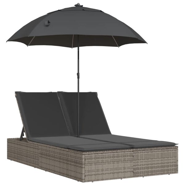 vidaXL dobbelt loungesofa med hynder og parasol polyrattan grå