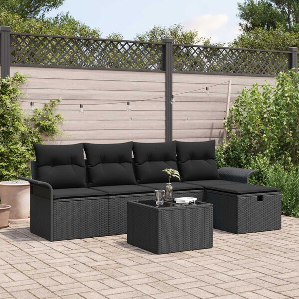vidaXL Havesofa Sæt med pude med opbevaring 6 pcs Sort Poly rattan