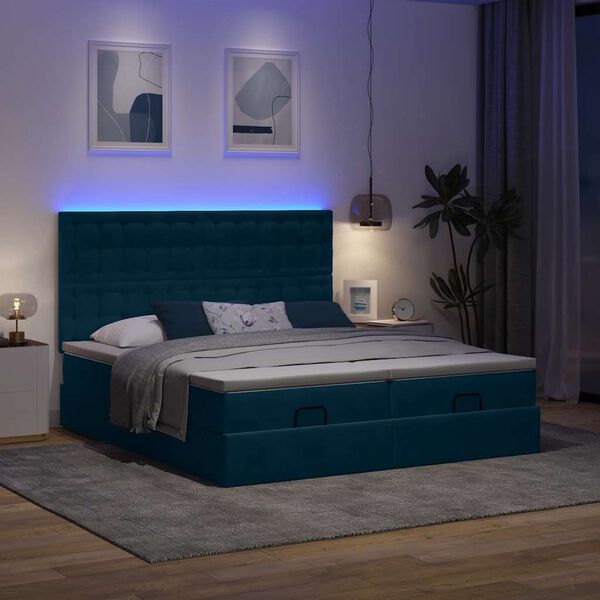 vidaXL Ottoman seng med madrasser & LEDs M&oslash;rkebl&aring; 200x200cm Fl&oslash;jl