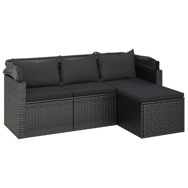 vidaXL 3-personers havesofa med tag og fodskammel polyrattan sort
