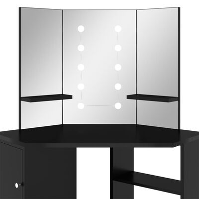vidaXL toiletbord til hjørne med LED-lys 111x54x141,5 cm sort
