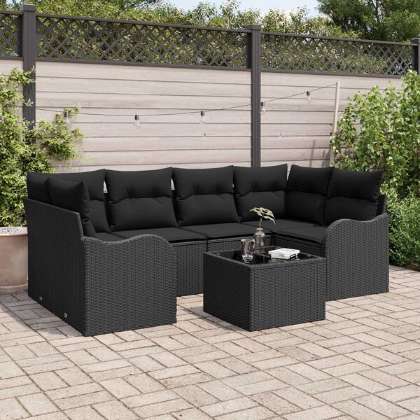 vidaXL Havesofa S&aelig;t med pude 7 pcs Sort Polyrattan og st&aring;l og glas