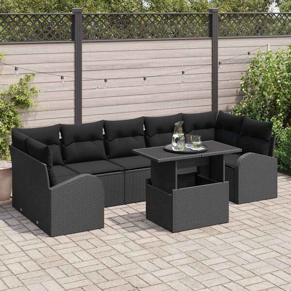 vidaXL Havesofa Sæt med pude 8 pcs Sort Poly rattan
