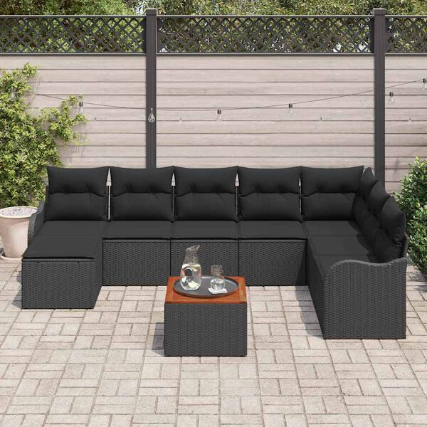vidaXL Havesofa S&aelig;t med pude 9 pcs Sort polyrattan