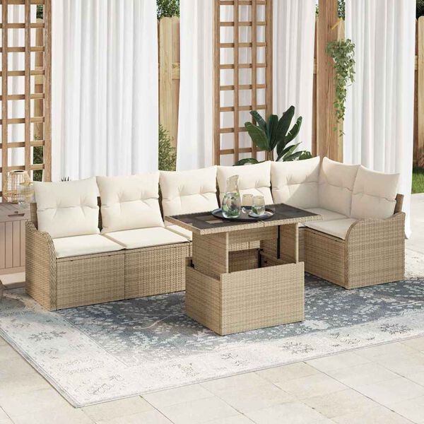 vidaXL Havesofa S&aelig;t med pude med pude 7 pcs Beige Poly Rattan
