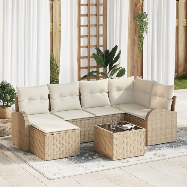 vidaXL Sofa S&aelig;t med pude med opbevaring 7 pcs Beige og hvid polyrattan