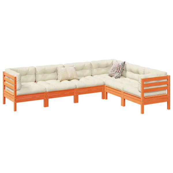 vidaXL sofasæt til haven 6 dele med hynder massivt fyr gyldenbrun