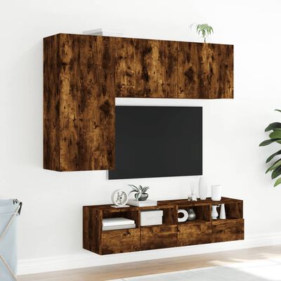 vidaXL tv-møbel til væg 4 dele konstrueret træ røget egetræsfarve
