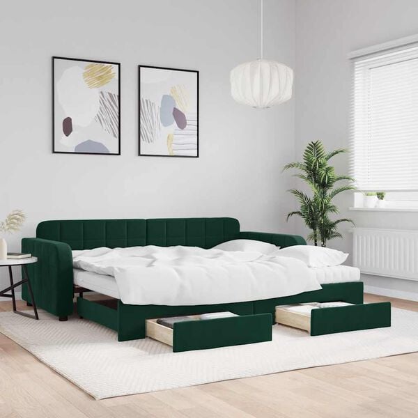 vidaXL daybed med udtr&aelig;k og skuffer 90x200 cm velour m&oslash;rkegr&oslash;n