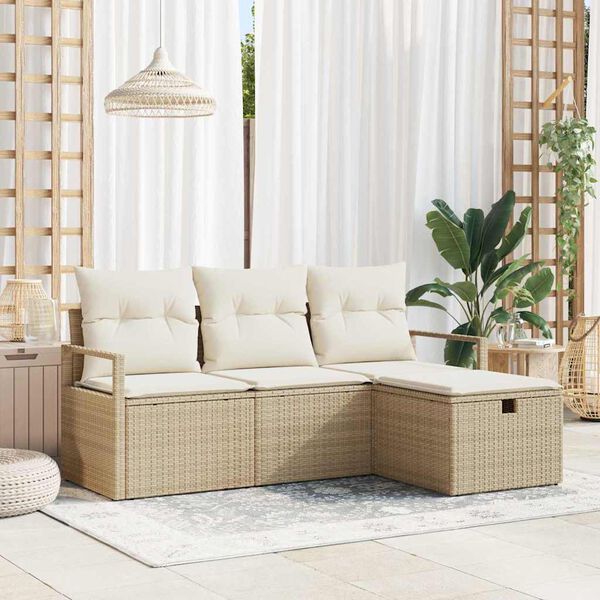 vidaXL Havesofa S&aelig;t med pude med opbevaring 4 pcs Beige Poly rattan