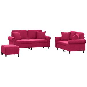 vidaXL sofas&aelig;t 3 dele med puder velour vinr&oslash;d