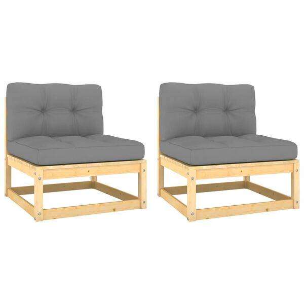 vidaXL midterdele til havesofa med grå hynder 2 stk. massivt fyrretræ