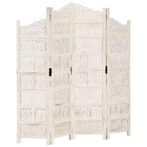 vidaXL 4-panels rumdeler h&aring;ndsk&aring;ret 160 x 165 cm massivt mangotr&aelig; hvid