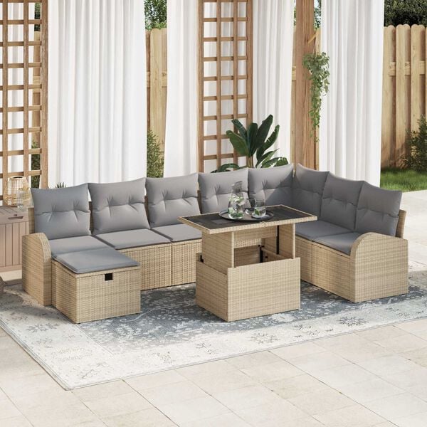 vidaXL Havesofa S&aelig;t med pude med opbevaring 9 pcs Beige Poly rattan