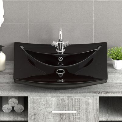 vidaXL keramisk rektangulær håndvask m. overløb &amp; hul til hane sort