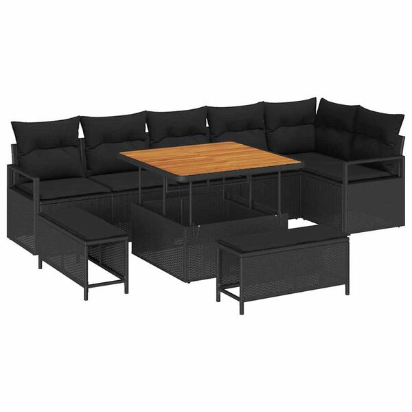 vidaXL Havesofa S&aelig;t 9 pcs Sort Polyrattan, st&aring;l og massivt akacietr&aelig;