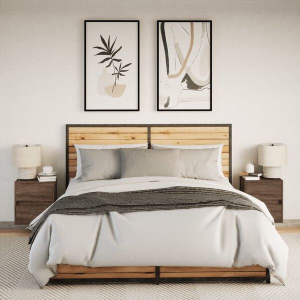 vidaXL væghængte sengeborde 2 stk. med LED-lys brun egetræsfarve