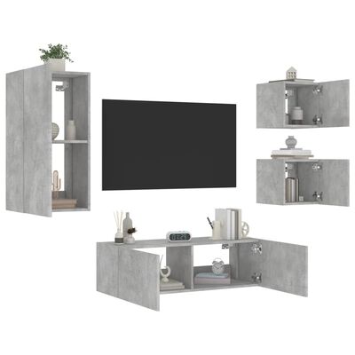 vidaXL tv-møbel til væg med LED-lys 4 dele betongrå