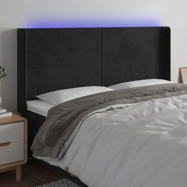 vidaXL sengegavl med LED-lys 163x16x118/128 cm fl&oslash;jl sort