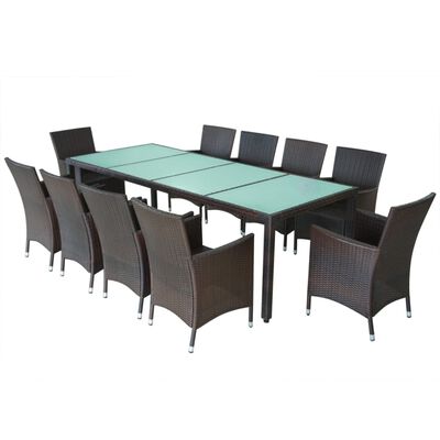 vidaXL udendørs spisebordssæt 11 dele med hynder polyrattan brun