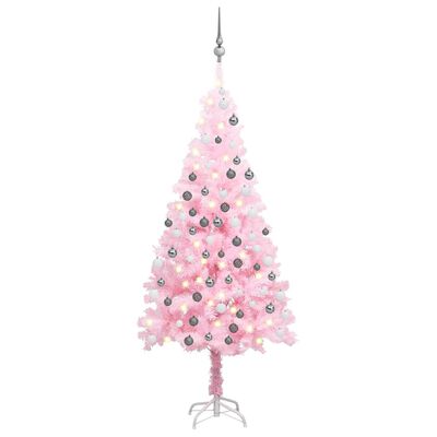 vidaXL kunstigt juletræ med lys og kuglesæt 150 cm PVC lyserød