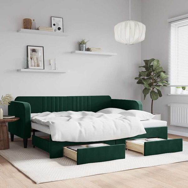 vidaXL daybed med udtr&aelig;k og skuffer 90x200 cm velour m&oslash;rkegr&oslash;n