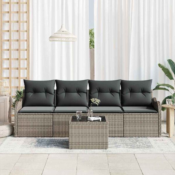 vidaXL Havesofa S&aelig;t med pude 5 pcs Gr&aring; Polyrattan og st&aring;l og glas
