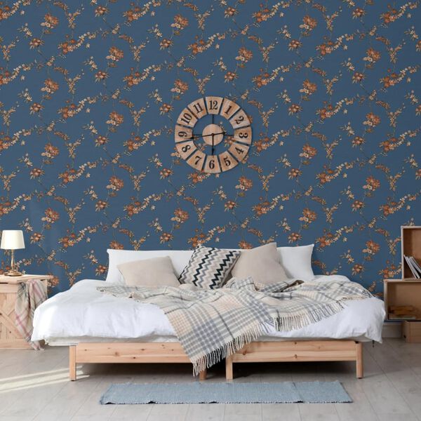 DUTCH WALLCOVERINGS tapet Flower m&oslash;rkebl&aring; og bronzefarvet