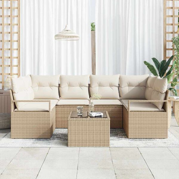 vidaXL Havesofa S&aelig;t 7 pcs Beige og creme Polyrattan og st&aring;l og glas