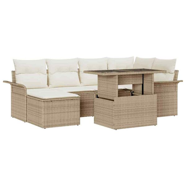 vidaXL Havesofa S&aelig;t med pude med opbevaring 7 pcs Beige Poly rattan