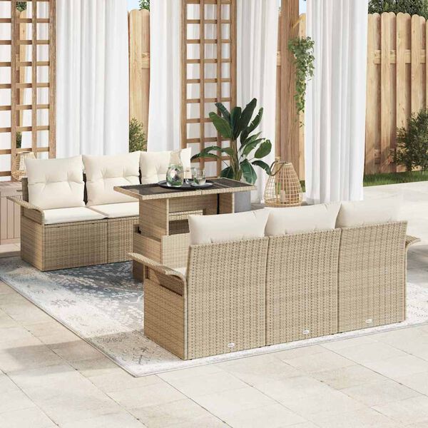 vidaXL Havesofa S&aelig;t med pude med opbevaring 7 pcs Beige Poly rattan