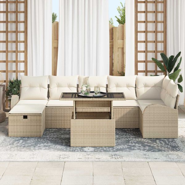 vidaXL Havesofa S&aelig;t med pude med opbevaring 8 pcs Beige Poly rattan