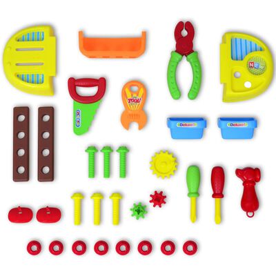 Legetøjsarbejdsbænk med værktøj til børn og legerum, blå og gul